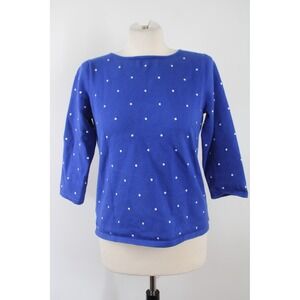 Lauren Ralph Lauren SP Blue Polka Dot Boat Neck 3/4 Sleeve Cotton Sweater Petite